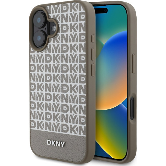 DKNY PU Leather Repeat Pattern Bottom Stripe MagSafe Case for iPhone 16 Brown - (DKHMP16SPSOSPW)