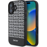 DKNY PU Leather Repeat Pattern Bottom Stripe MagSafe Case for iPhone 16 Plus Black - (DKHMP16MPSOSPK)