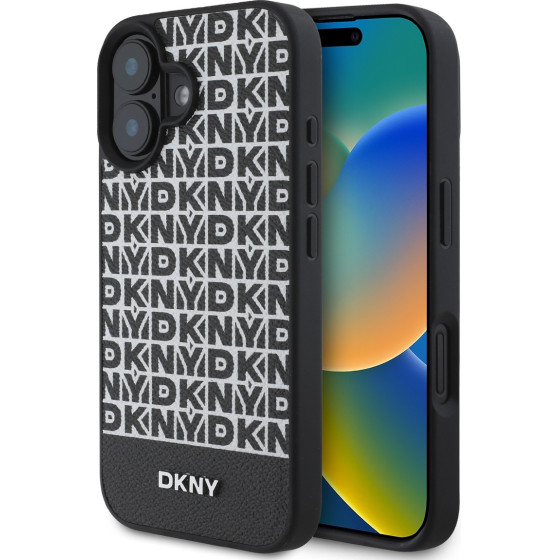 DKNY PU Leather Repeat Pattern Bottom Stripe MagSafe Case for iPhone 16 Plus Black - (DKHMP16MPSOSPK)