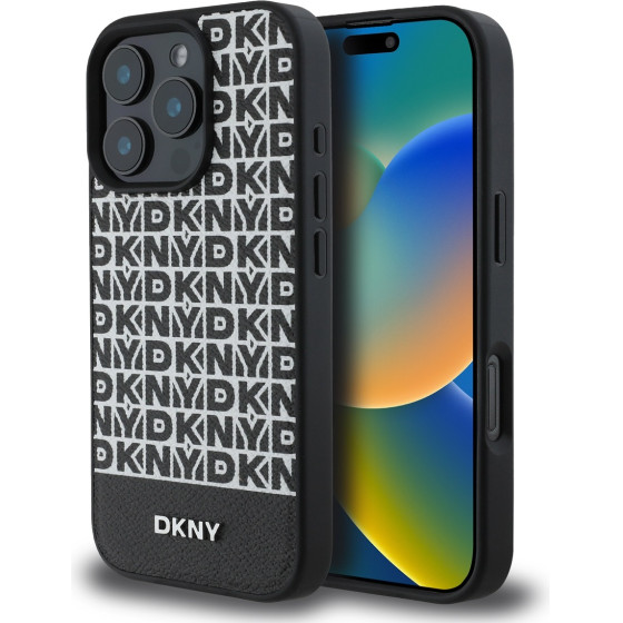 DKNY PU Leather Repeat Pattern Bottom Stripe MagSafe Case for iPhone 16 Pro Black - (DKHMP16LPSOSPK)