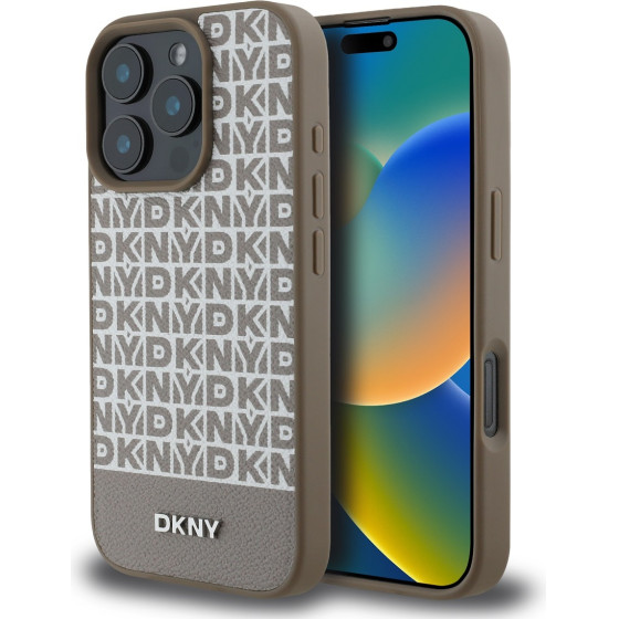 DKNY PU Leather Repeat Pattern Bottom Stripe MagSafe Case for iPhone 16 Pro Max Brown - (DKHMP16XPSOSPW)