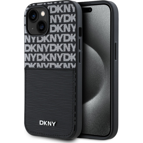 DKNY PU Leather Repeat Pattern Card Pocket Case for iPhone 15 Black - (DKHCP15SPCRTHLK)
