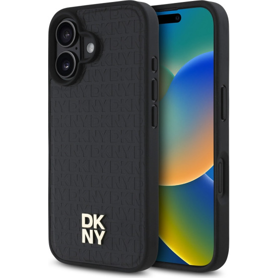 DKNY PU Leather Repeat Pattern Stack Logo MagSafe Case for iPhone 16 Plus Black - (DKHMP16MPSHRPSK)