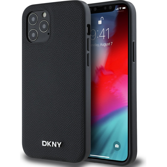 DKNY PU Leather Silver Metal Logo Magsafe Case for iPhone 12/12 Pro Black - (DKHMP12MPGHLMK)