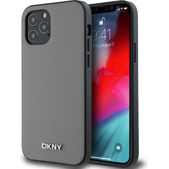 DKNY PU Leather Silver Metal Logo Magsafe Case for iPhone 12/12 Pro Grey - (DKHMP12MPGHLMS)