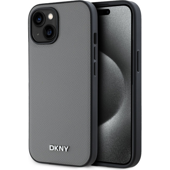 DKNY PU Leather Silver Metal Logo Magsafe Case for iPhone 13 Grey - (DKHMP13MPGHLMS)