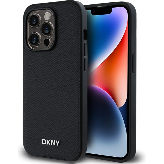 DKNY PU Leather Silver Metal Logo Magsafe Case for iPhone 14 Pro Max Black - (DKHMP14XPGHLMK)