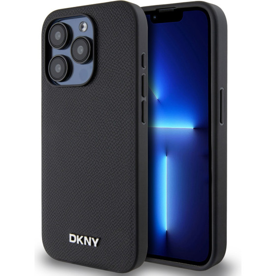 DKNY PU Leather Silver Metal Logo Magsafe Case for iPhone 15 Pro Max Black - (DKHMP15XPGHLMK)