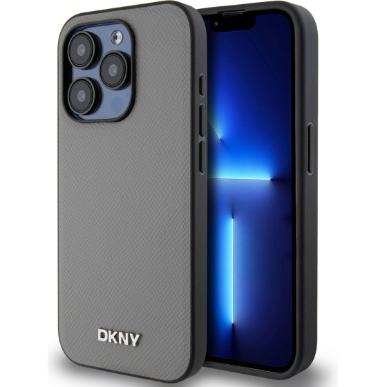 DKNY PU Leather Silver Metal Logo Magsafe Case for iPhone 15 Pro Max Grey - (DKHMP15XPGHLMS)