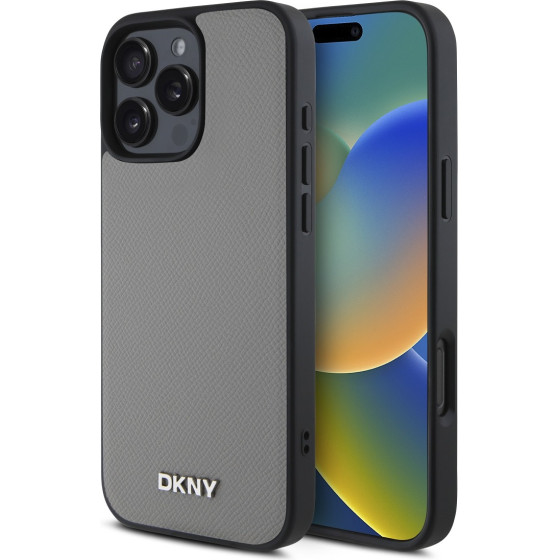 DKNY PU Leather Silver Metal Logo Magsafe Case for iPhone 16 Pro Grey - (DKHMP16LPGHLMS)