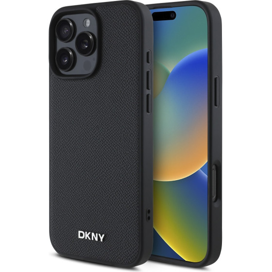 DKNY PU Leather Silver Metal Logo Magsafe Case for iPhone 16 Pro Max Black - (DKHMP16XPGHLMK)