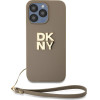 DKNY PU Leather Stack Logo Wrist Strap Case for iPhone 14 Pro Max Beige - (DKHCP14XPBSWSE)