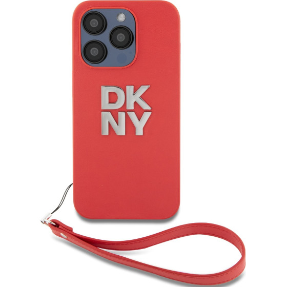 DKNY PU Leather Stack Logo Wrist Strap Case for iPhone 15 Pro Red - (DKHCP15LPBSWSP)