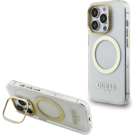 GUESS IML Gold Outline Stand Camera Frame MagSafe Case for iPhone 15 Pro Transparent - (GUHMP15LHTRMSFD)