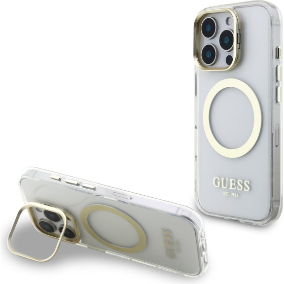 GUESS IML Gold Outline Stand Camera Frame MagSafe Case for iPhone 16 Pro Transparent - (GUHMP16LHTRMSFD)