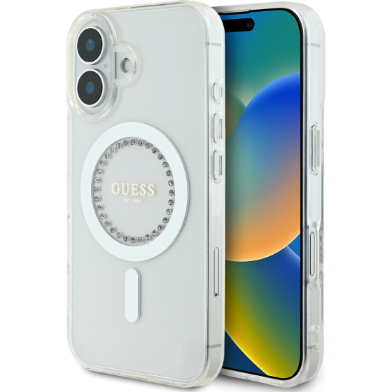 GUESS IML Rhinestones Ring MagSafe Case for iPhone 16 White - (GUHMP16SPFTDTEH)