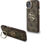 GUESS PU 4G Metal Logo Stand Camera Frame Case for iPhone 15 Brown - (GUHCP15SPCS4GP4W)