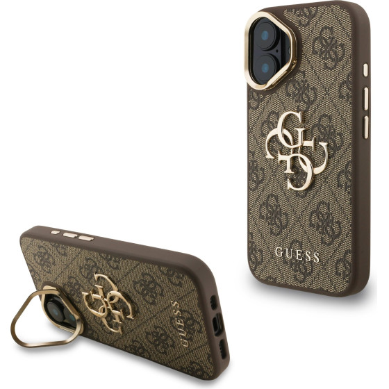 GUESS PU 4G Metal Logo Stand Camera Frame Case for iPhone 16 Brown - (GUHCP16SPCS4GP4W)