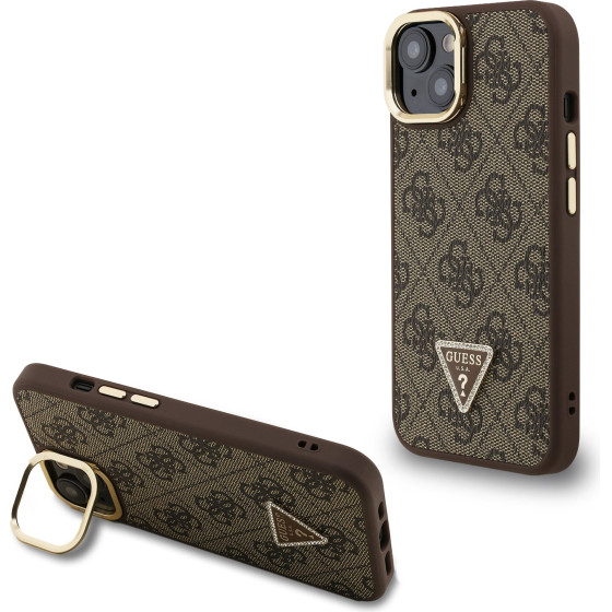 GUESS PU 4G Strass Triangle Logo Stand Camera Frame MagSafe Case for iPhone 13 Brown - (GUHMP13MPCS4GPTW)