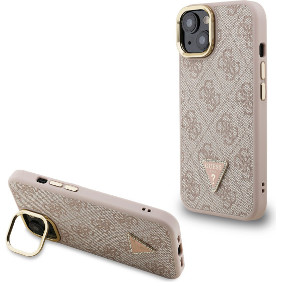 GUESS PU 4G Strass Triangle Logo Stand Camera Frame MagSafe Case for iPhone 14 Pink - (GUHMP14SPCS4GPTP)