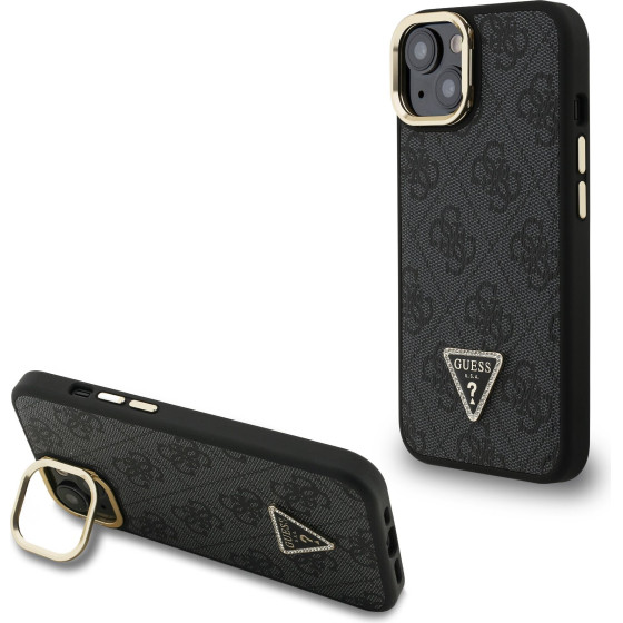 GUESS PU 4G Strass Triangle Logo Stand Camera Frame MagSafe Case for iPhone 15 Black - (GUHMP15SPCS4GPTK)