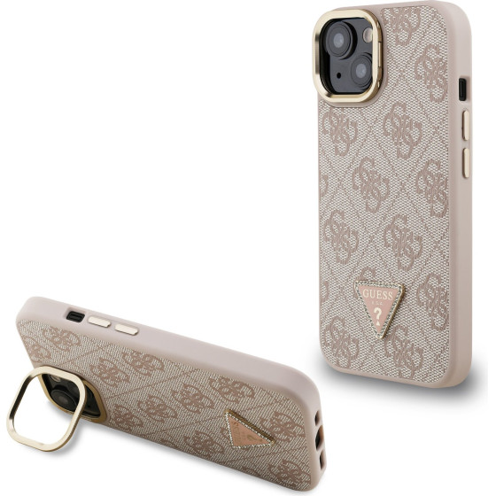 GUESS PU 4G Strass Triangle Logo Stand Camera Frame MagSafe Case for iPhone 15 Pink - (GUHMP15SPCS4GPTP)