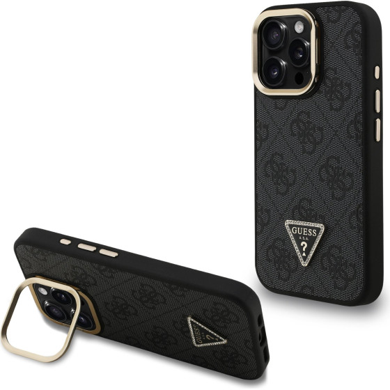 GUESS PU 4G Strass Triangle Logo Stand Camera Frame MagSafe Case for iPhone 15 Pro Max Black - (GUHMP15XPCS4GPTK)