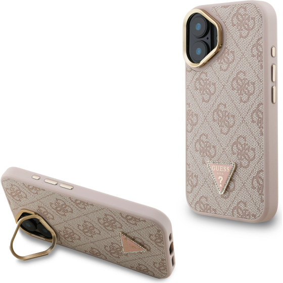 GUESS PU 4G Strass Triangle Logo Stand Camera Frame MagSafe Case for iPhone 16 Pink - (GUHMP16SPCS4GPTP)