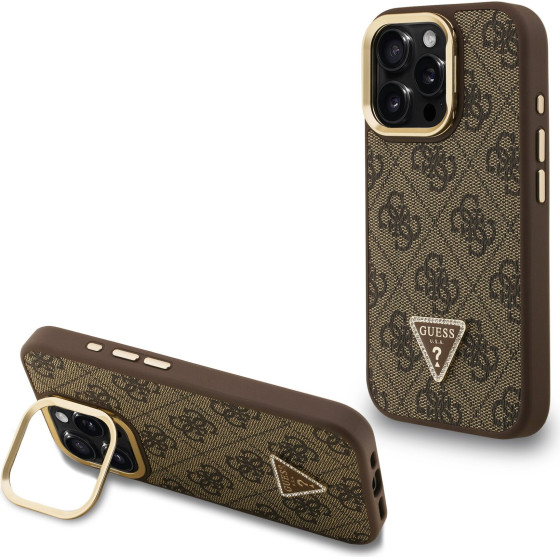 GUESS PU 4G Strass Triangle Logo Stand Camera Frame MagSafe Case for iPhone 16 Pro Max Brown - (GUHMP16XPCS4GPTW)
