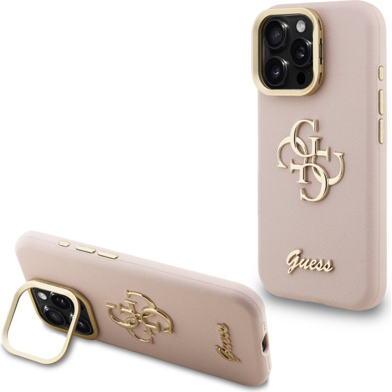 GUESS PU Grained 4G Logo Stand Camera Frame Case for iPhone 15 Pro Max Pink - (GUHCP15XPCS4GSP)