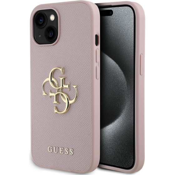 GUESS PU Grained 4G Metal Logo Case for iPhone 15 Pink - (GUHCP15SPGT4MBP)