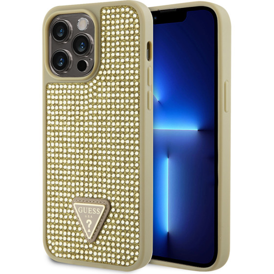 GUESS Rhinestones Triangle Metal Logo Case for iPhone 15 Pro Max Gold - (GUHCP15XHDGTPD)