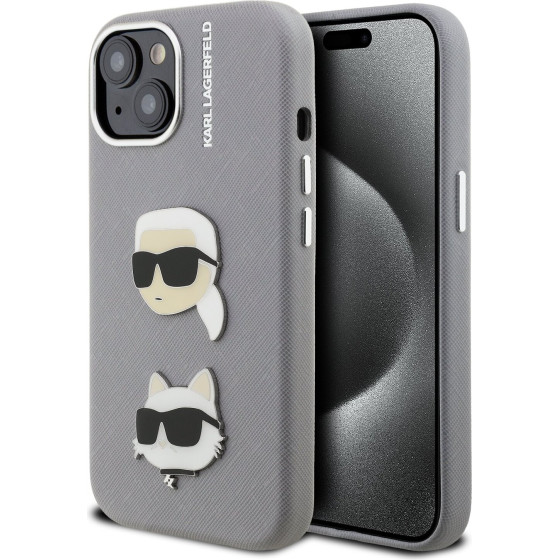 Karl Lagerfeld Grained PU K&CH Heads Case for iPhone 15 Grey - (KLHCP15SPSFDHPG)