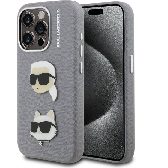 Karl Lagerfeld Grained PU K&CH Heads Case for iPhone 15 Pro Max Grey - (KLHCP15XPSFDHPG)