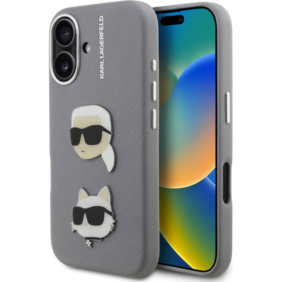 Karl Lagerfeld Grained PU K&CH Heads Case for iPhone 16 Grey - (KLHCP16SPSFDHPG)