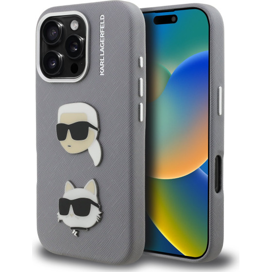 Karl Lagerfeld Grained PU K&CH Heads Case for iPhone 16 Pro Grey - (KLHCP16LPSFDHPG)