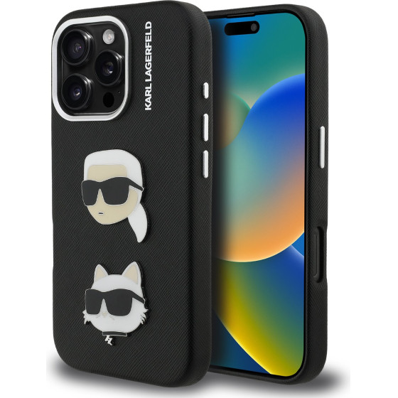 Karl Lagerfeld Grained PU K&CH Heads Case for iPhone 16 Pro Max Black - (KLHCP16XPSFDHPK)