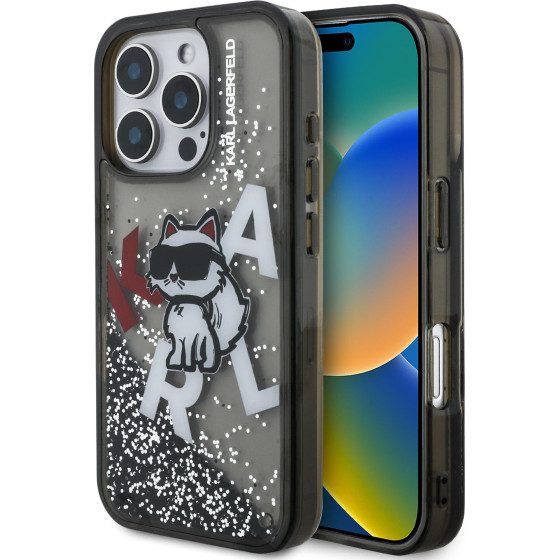 Karl Lagerfeld Liquid Glitter Scattered Choupette Case for iPhone 16 Pro Black - (KLHCP16LLCHSCTDK)