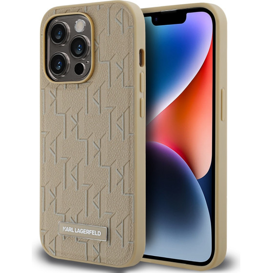 Karl Lagerfeld PU Leather Monogram Metal Logo MagSafe Case for iPhone 15 Pro Max Beige - (KLHMP15XPKHPORPE)