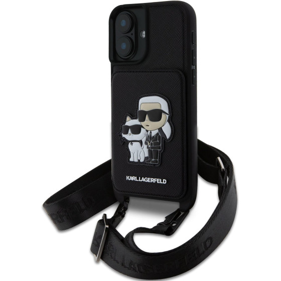 Karl Lagerfeld Saffiano Crossbody Strap Karl and Choupette Case for iPhone 16 Black - (KLHCP16SCSAKCPMK)