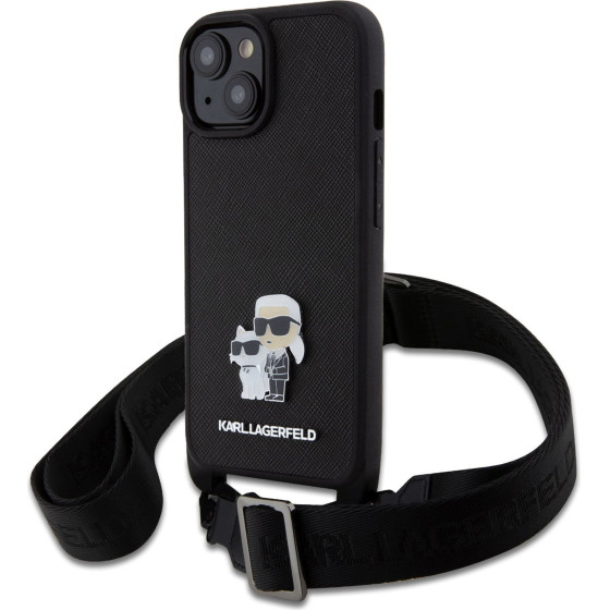 Karl Lagerfeld Saffiano Crossbody Strap Metal Karl and Choupette Case for iPhone 15 Black - (KLHCP15SSAKCPBK)