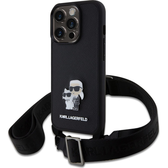 Karl Lagerfeld Saffiano Crossbody Strap Metal Karl and Choupette Case for iPhone 15 Pro Black - (KLHCP15LSAKCPBK)