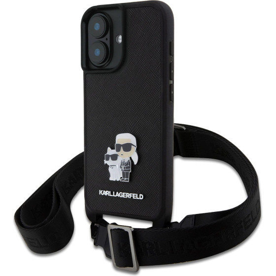 Karl Lagerfeld Saffiano Crossbody Strap Metal Karl and Choupette Case for iPhone 16 Plus Black - (KLHCP16MSAKCPBK)