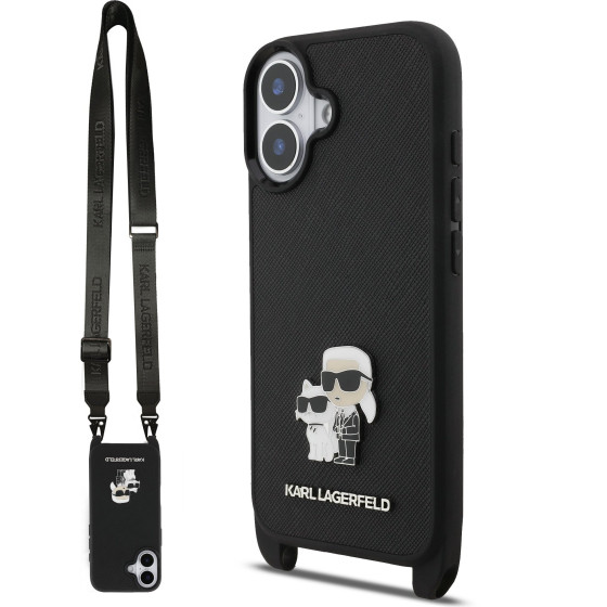 Karl Lagerfeld Saffiano Crossbody Strap Metal Karl and Choupette Case for iPhone 17 Black - (KLHCP17SSAKCPBK)