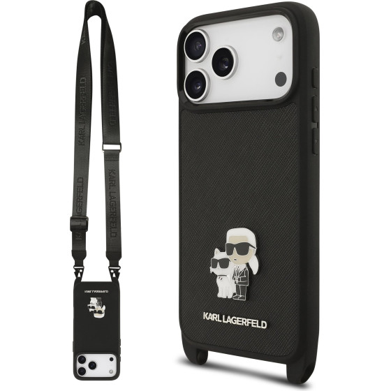 Karl Lagerfeld Saffiano Crossbody Strap Metal Karl and Choupette Case for iPhone 17 Pro Black - (KLHCP17LSAKCPBK)