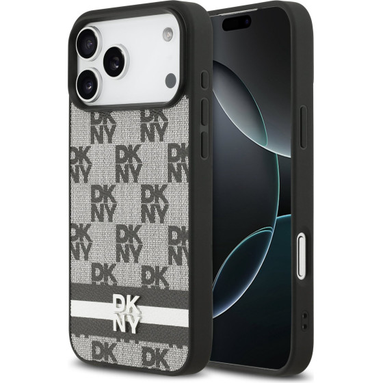 DKNY Pu Leather Checkered Pattern And Stripe Case For Iphone 17 Pro Max Black - (DKHCP17XPCPTSSK)