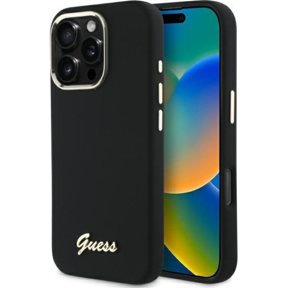 Guess Iphone 16 Pro Max 6.9 Black Hardcase Silicone Script Metal Logo & Frame - (GUHCP16XSMBSLK)