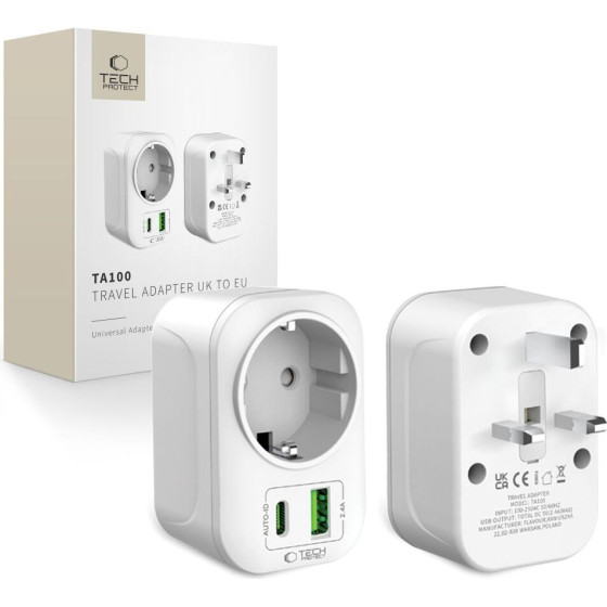 Tech-Protect TA100 Travel Adapter Uk To Eu WHITE
