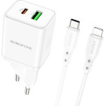 Borofone Wall Charger BN7, 20W, 3A, 1 x USB-A - 1 x USB-C, With Lightning Cable, White