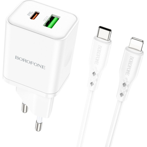 Borofone Wall Charger BN7, 20W, 3A, 1 x USB-A - 1 x USB-C, With Lightning Cable, White